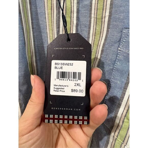 Ben Sherman NWT Short sleeve Blue W/Green Tan Stripes Button On Shirt sz 2XL - Picture 4 of 5